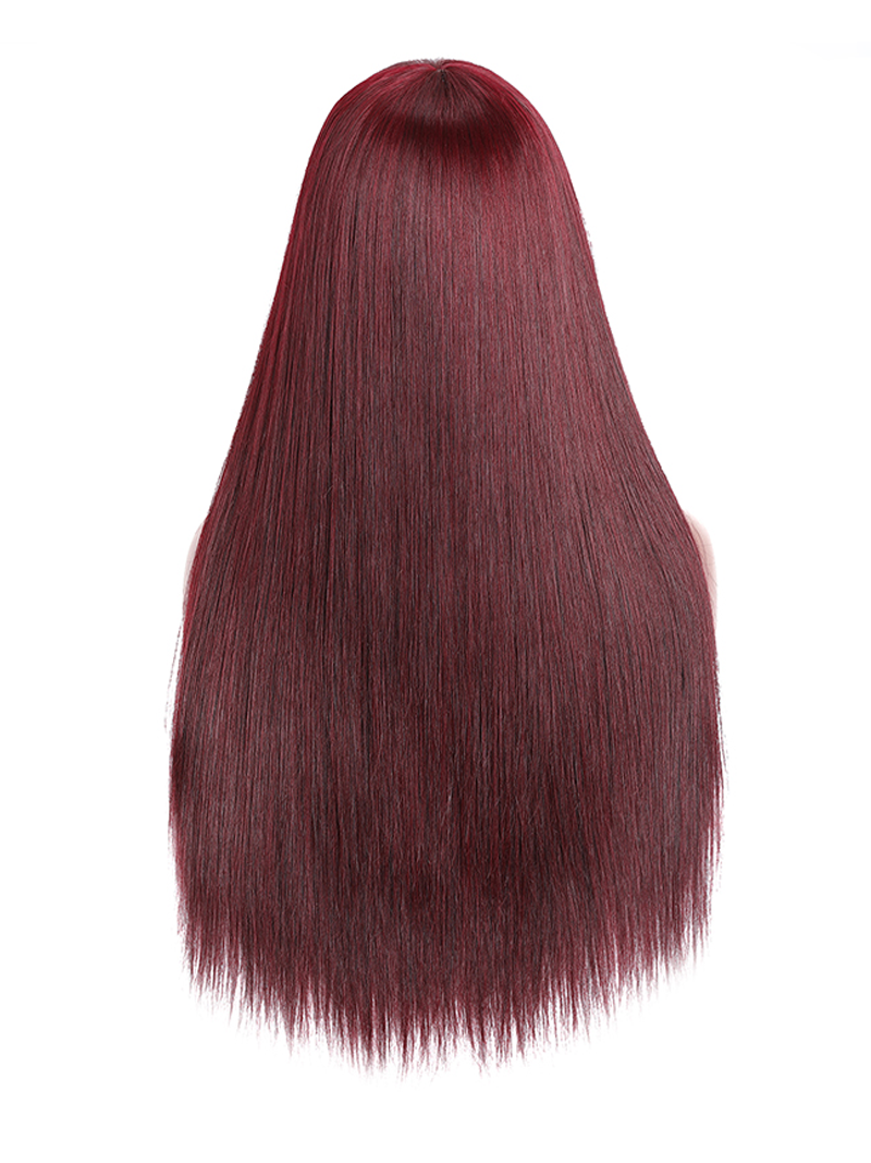 18 Inch Burgundy Silk Straight Human Hair Wigs with Bangs Glueless Machine Made Wigs for Women Real Hair Wig