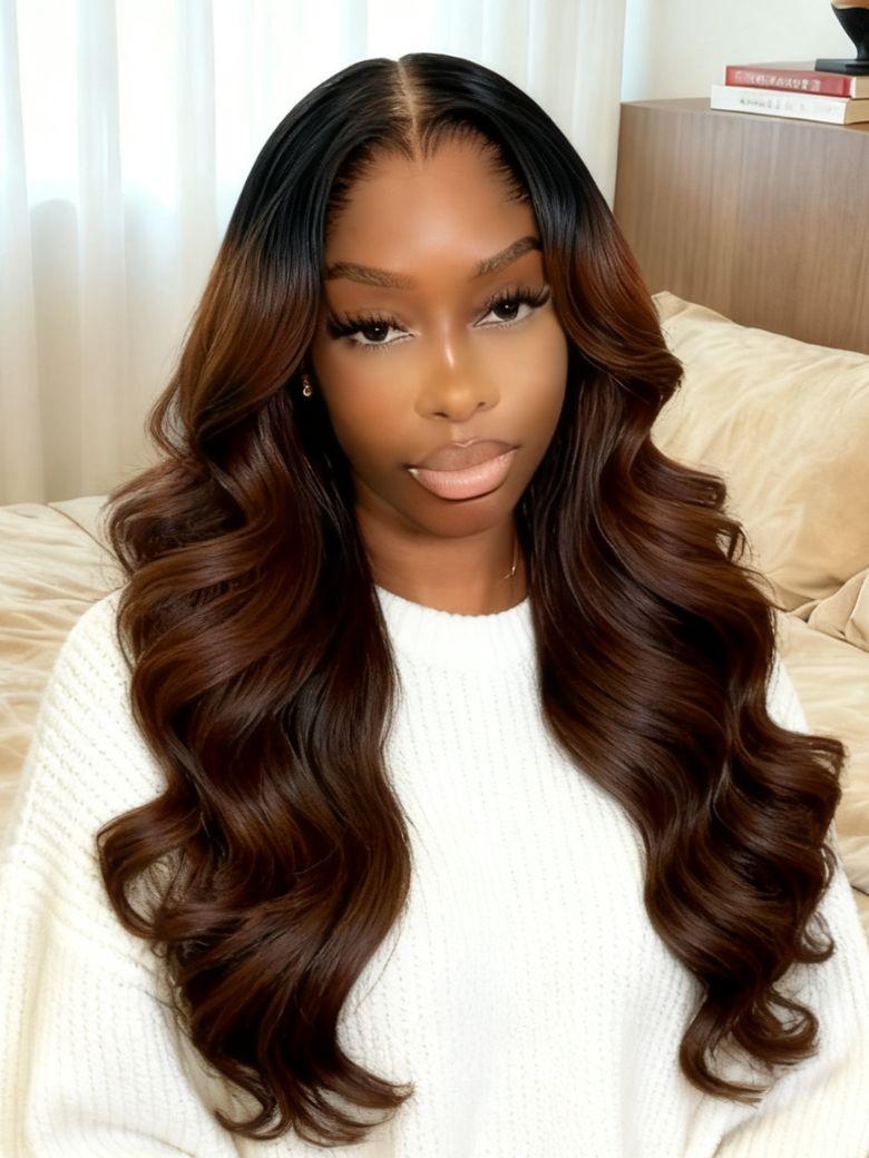 13x4 Pre-Everything? Lace Frontal Coffee Brown Loose Wave Glueless Drawstring Wig with Layered Curtain Bangs