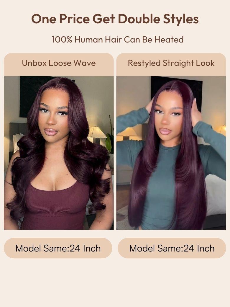 7x5 Bye-Bye Knots? & 13x4 Pre-Everything? Lace Frontal Purple Black Cherry Layered Straight & Loose Wave With Invisi Drawstring Wig
