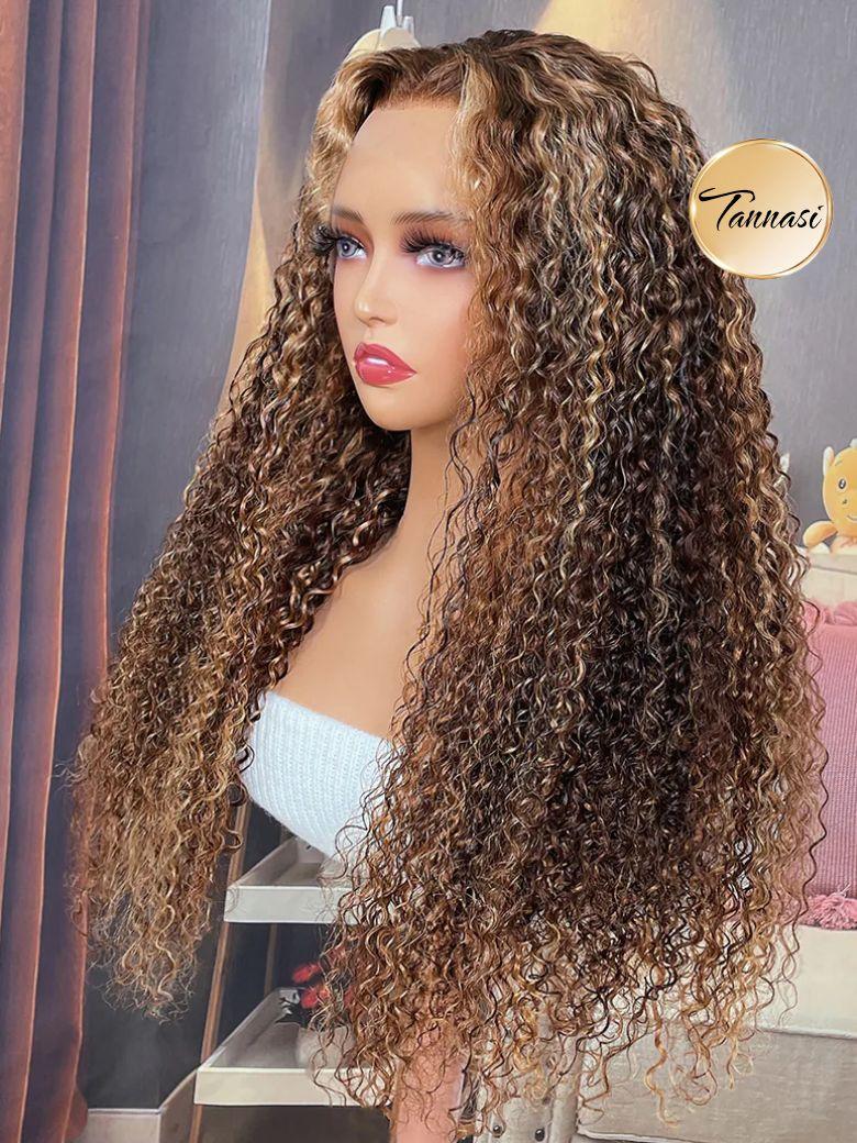 Transparent Lace Ombre Honey Blonde Money Piece Highlight Lace Wigs Curly Human Hair Wigs