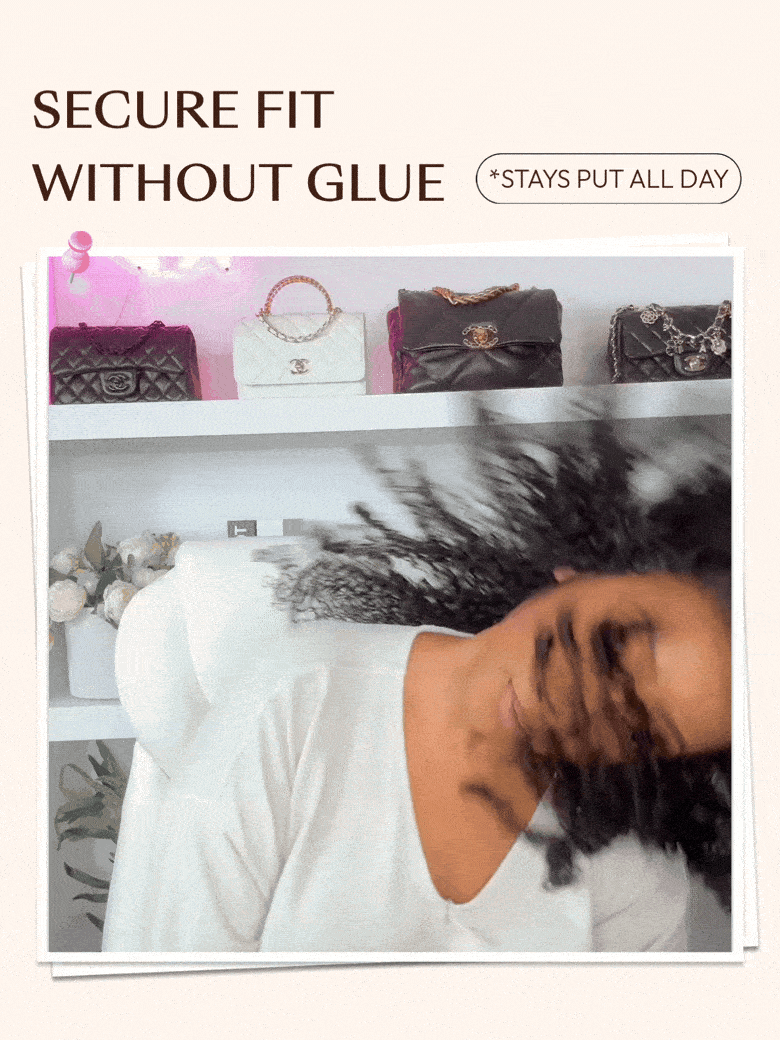 Beginner-friendly curly glueless wig featuring a realistic lace hairline and defined middle part being installed without adhesive.