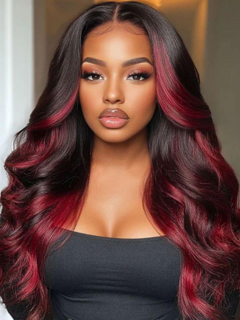 Bye-Bye Knots 7x5 Lace Loose Wave Burgundy Highlights Wig with Face Framing Layers 180% Density
