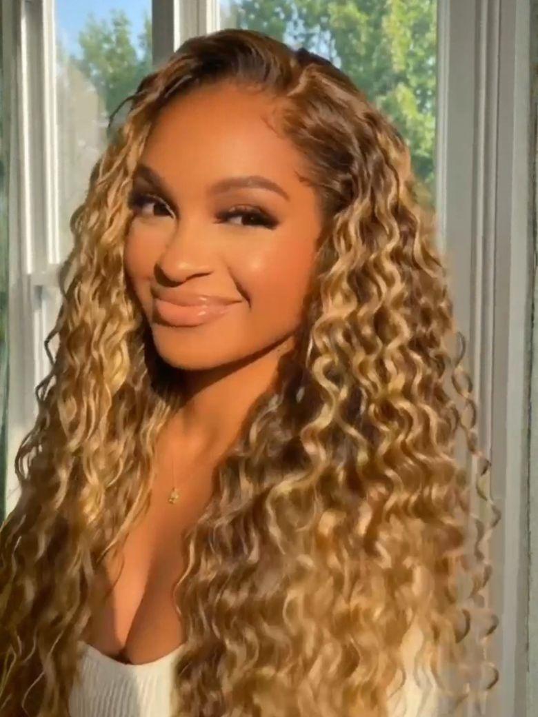 13x4 Bye Bye Slip? Lace Frontal Caramel Brown With Honey Blonde Highlights Water Wave Glueless Drawstring Wig