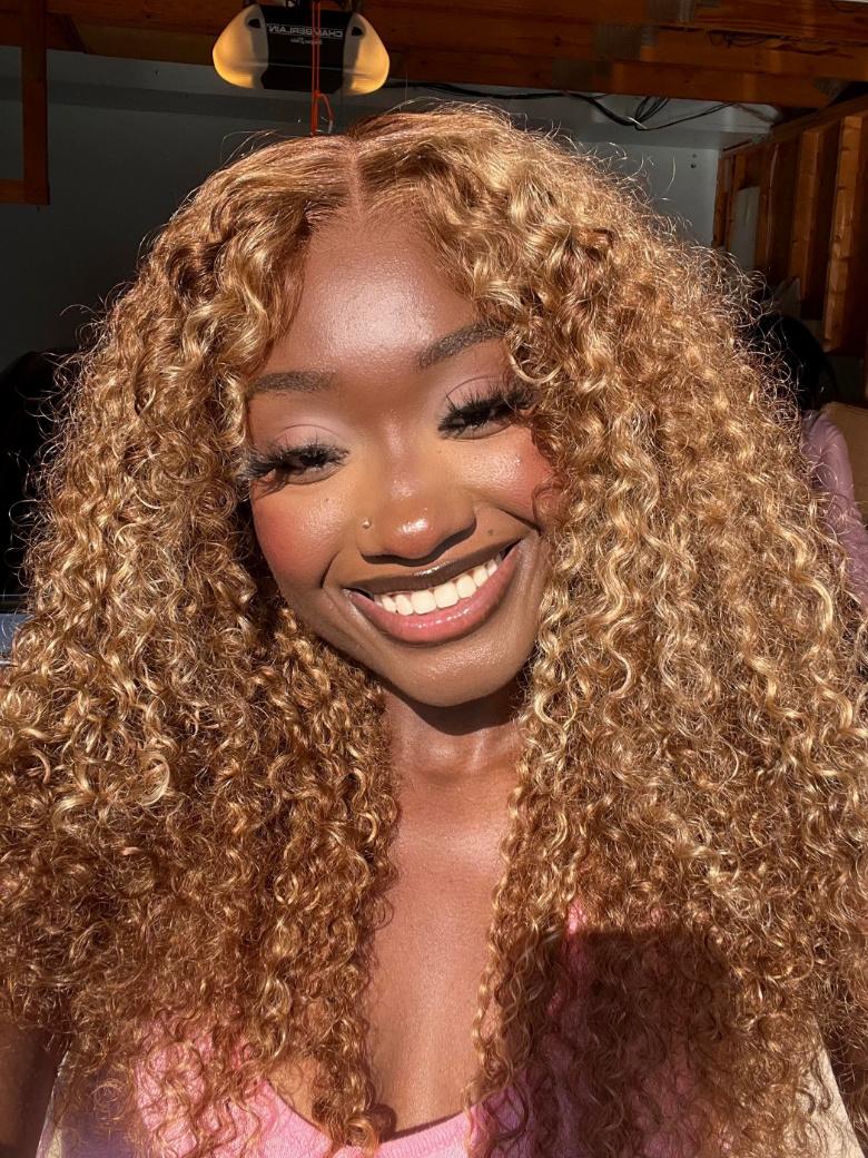 Put On And Go 6x4.5 Pre-Cut Lace Honey Blonde Highlights Bouncy Water Wave Air Wig