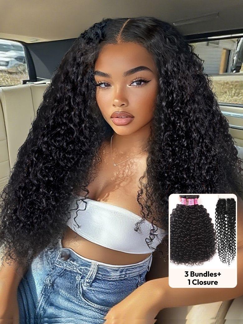 Hair Curly Human Hair 3 Bundles With T Part Lace Closure Virgin Hair Curly Bundles With Closure Full Head Natural Black