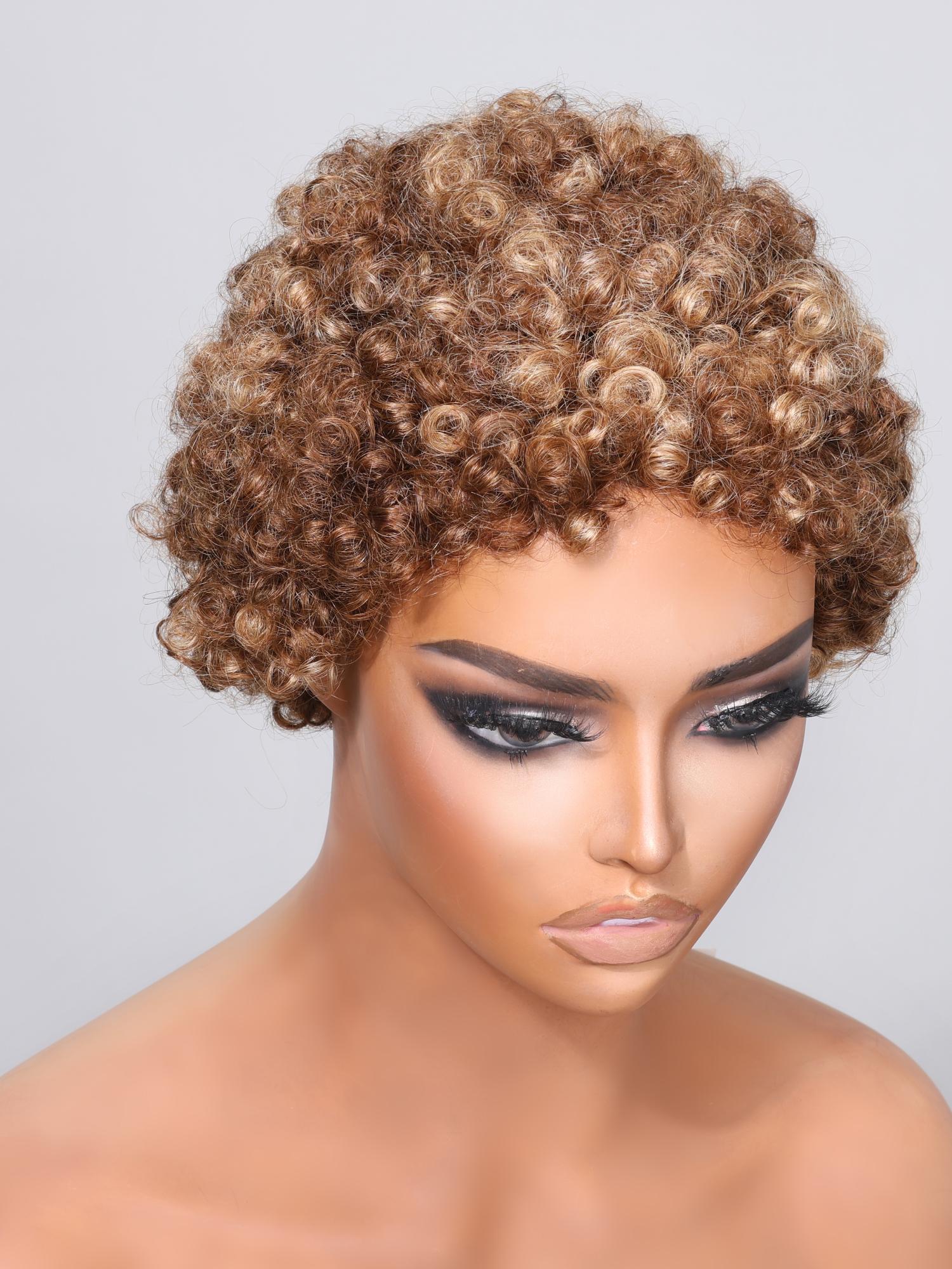 Short Afro Beginner Friendly Glueless Wig With Honey Blonde Highlights