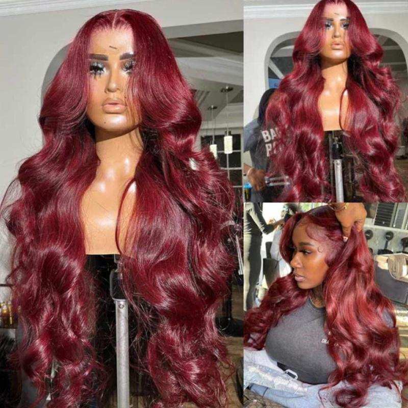 Weekend Sale Red Wine Body Wave Burgundy T part Lace Part Wig 150% density