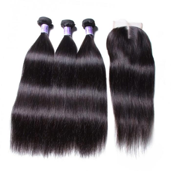 Peruvian Straight Hair 3 Bundles deals with Lace closure Kysiss Series