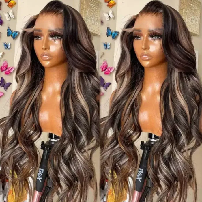 Queen Leora same wig Tiktok 13x4 Transparent Lace Front Chocolate Brown With Peek A Boo Blonde Highlights Body Wave Wig