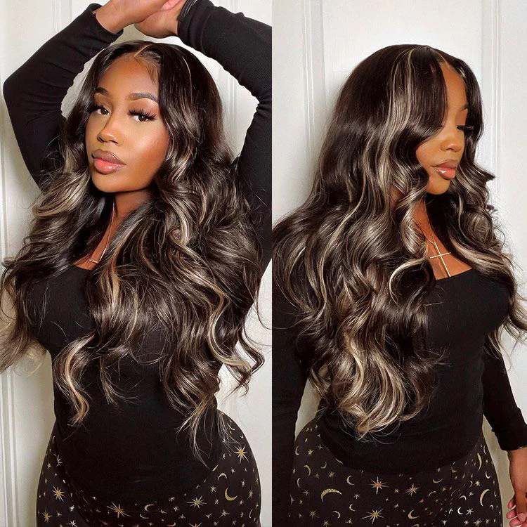 Queen Leora same wig Tiktok 13x4 Transparent Lace Front Chocolate Brown With Peek A Boo Blonde Highlights Body Wave Wig