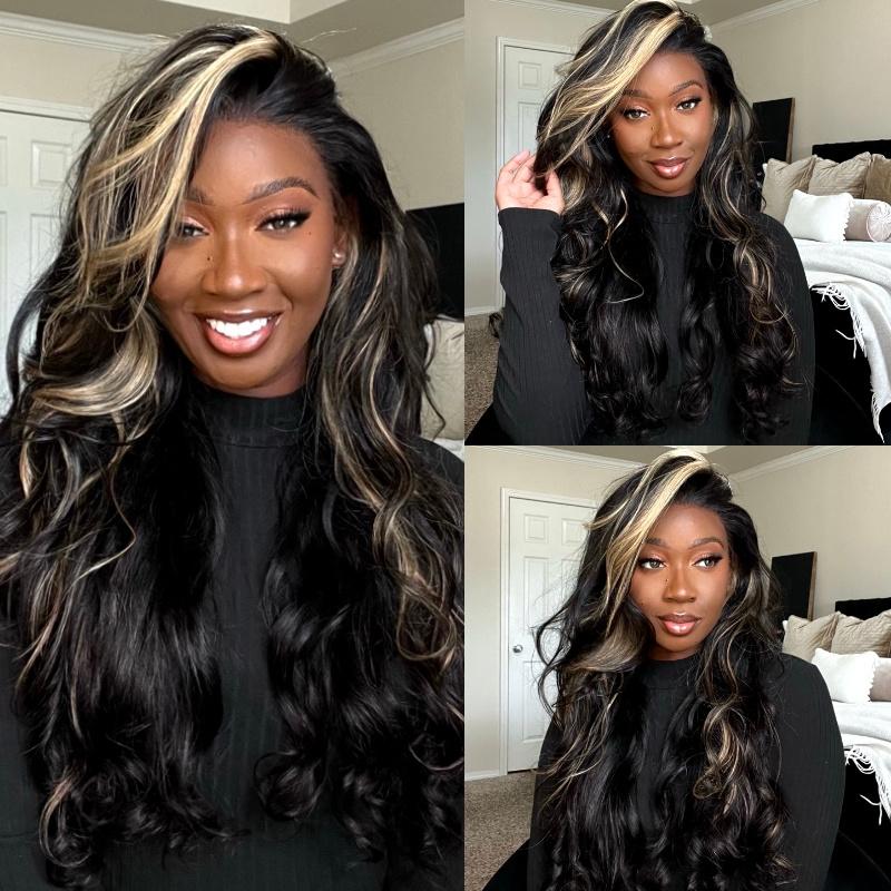 Queen Leora same wig Tiktok 13x4 Transparent Lace Front Chocolate Brown With Peek A Boo Blonde Highlights Body Wave Wig