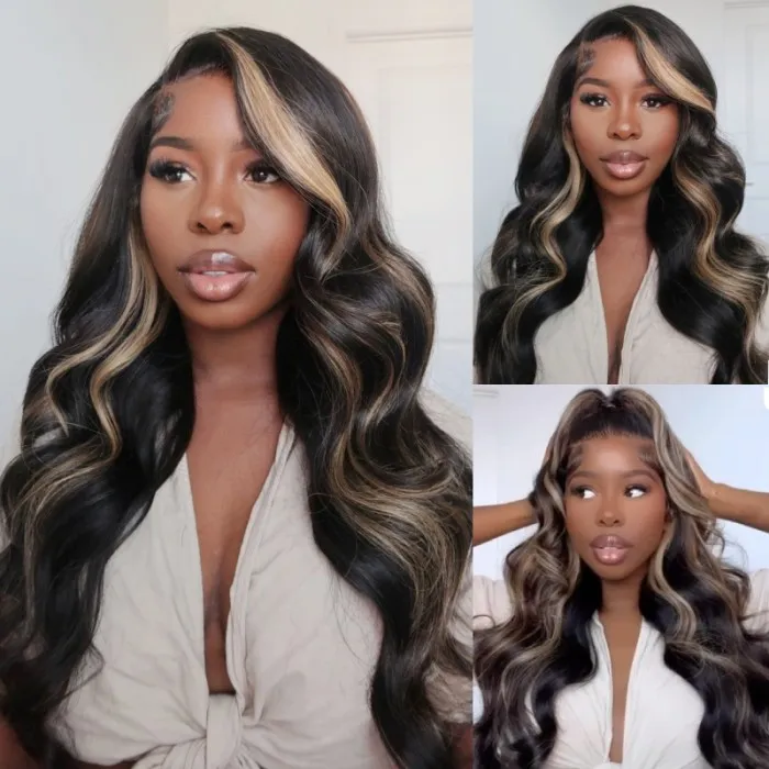 13x4 Lace Front Chocolate Brown With Peek A Boo Highlight Blonde Lace Front Body Wave Wig Perfect For Summer