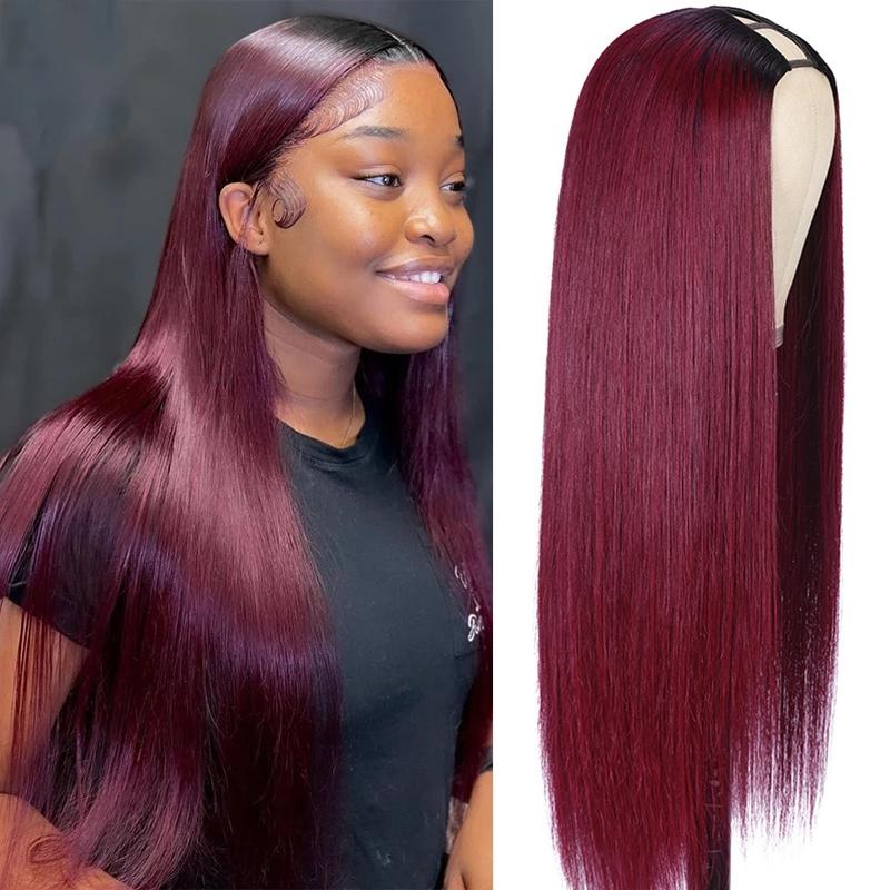 1B99J Burgundy Ombre Hot Cherry Human Hair Straight New U Part Wig