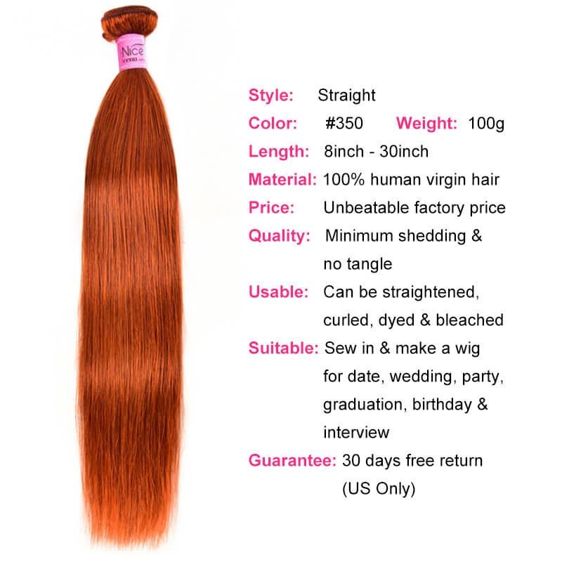Virgin Straight Hair Ginger Hair 1 Piece #350 Pure Color 8-30 Inch Hair Bundles
