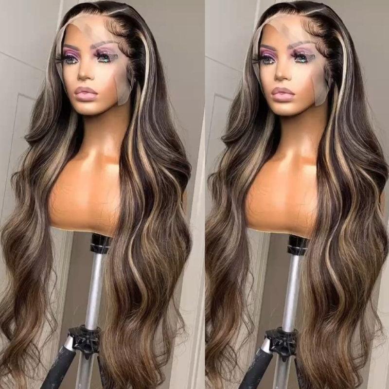 13x4 Lace Front Chocolate Brown With Peek A Boo Highlight Blonde Lace Front Body Wave Wig Perfect For Summer