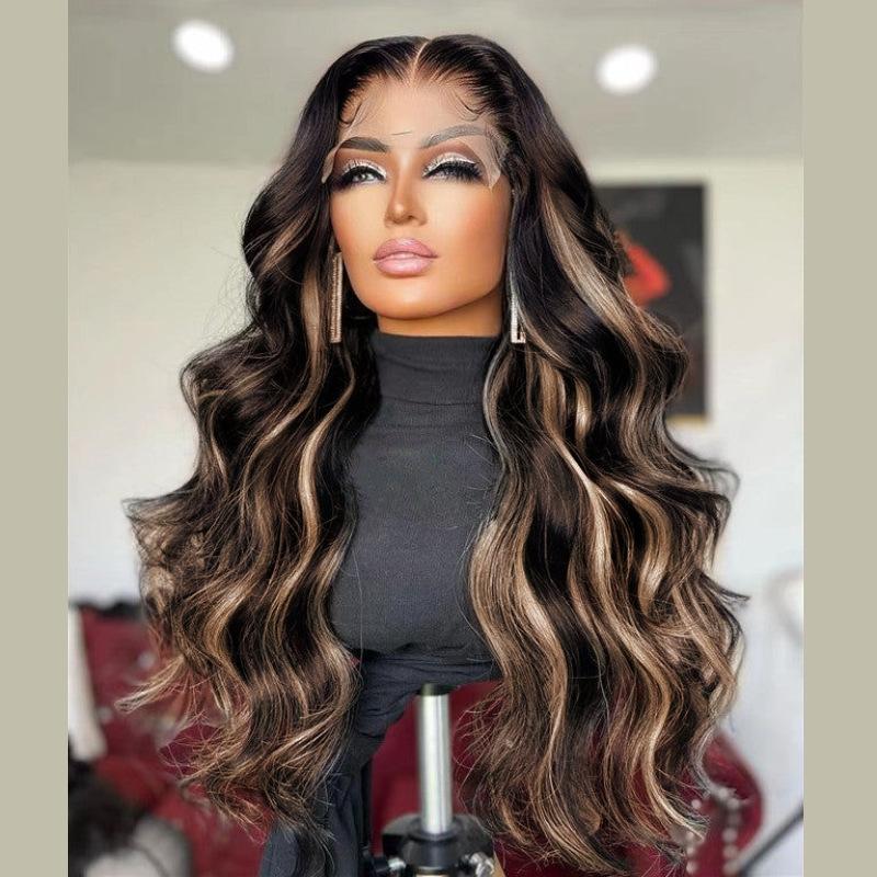 13x4 Lace Front Chocolate Brown With Peek A Boo Highlight Blonde Lace Front Body Wave Wig Perfect For Summer