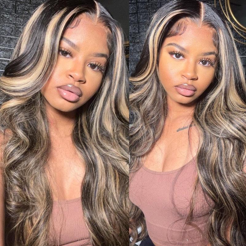 13x4 Lace Front Chocolate Brown With Peek A Boo Highlight Blonde Lace Front Body Wave Wig Perfect For Summer