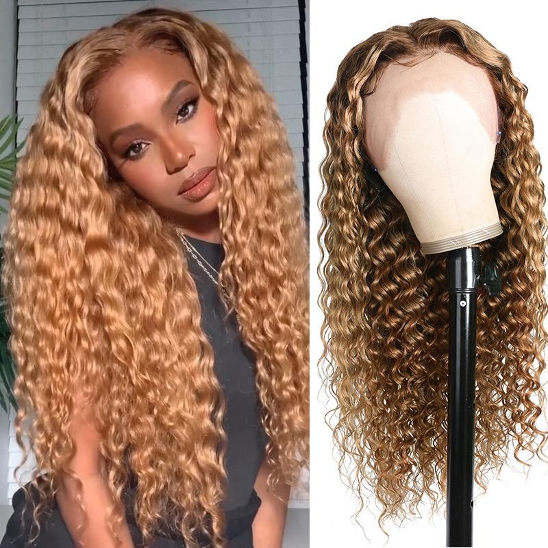Flash Sale Honey Blonde Wig with Brown Roots Deep Wave Lace Front Wig