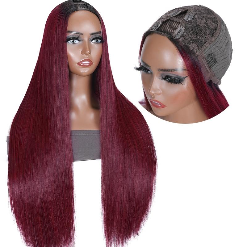 1B99J Burgundy Ombre Hot Cherry Human Hair Straight New U Part Wig