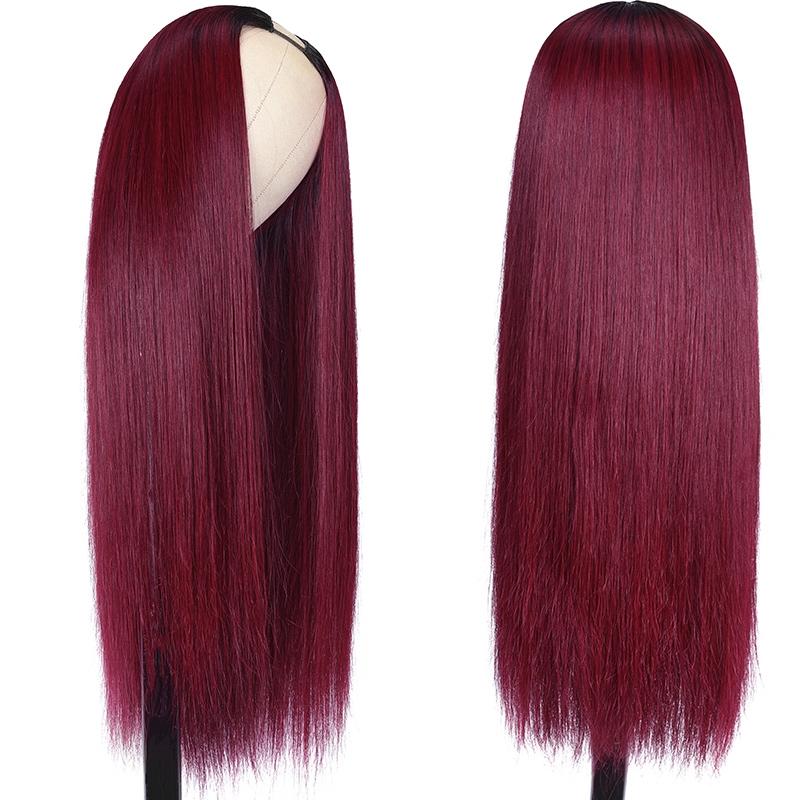 1B99J Burgundy Ombre Hot Cherry Human Hair Straight New U Part Wig
