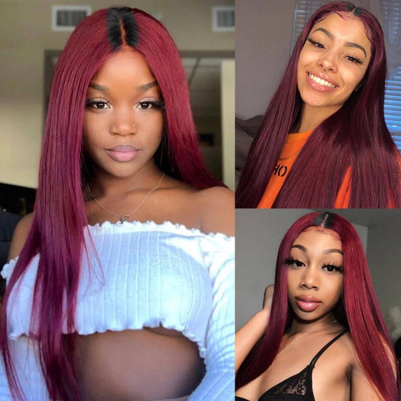 1B99J Burgundy Ombre Hot Cherry Human Hair Straight New U Part Wig