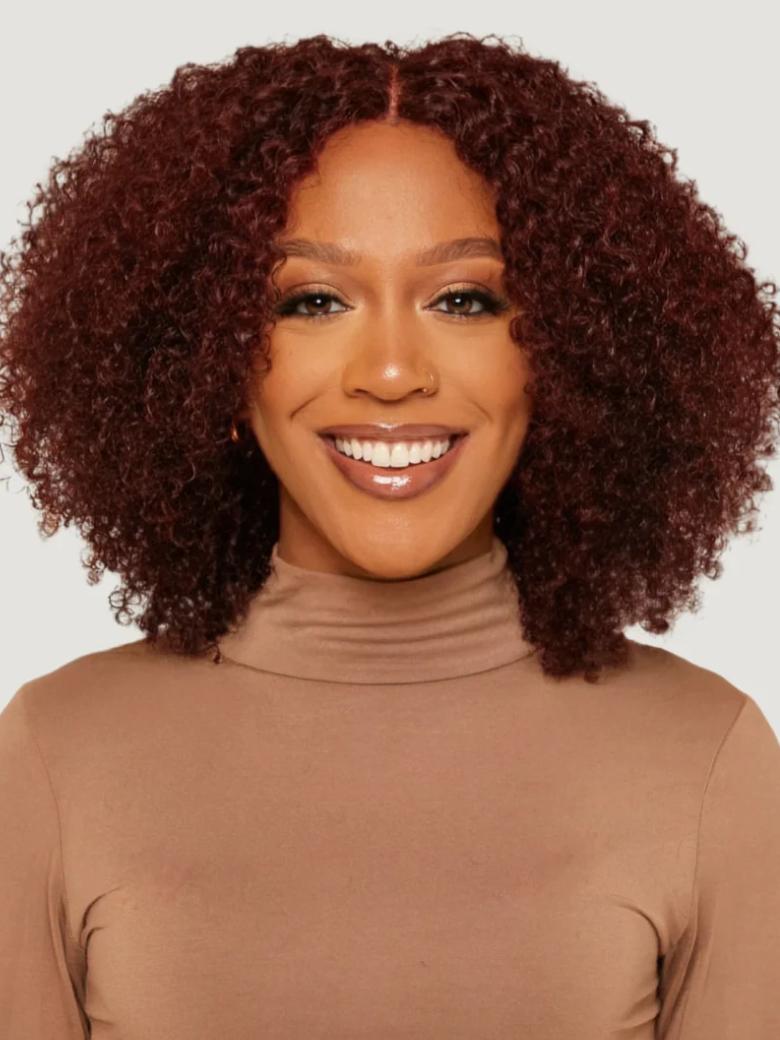 Put On And Go 6x4.5 Pre-Cut Lace Reddish Brown Bouncy Kinky Curly Air Wig