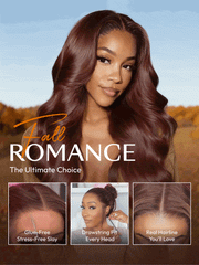 13x4 Pre-Everything? Lace Frontal Auburn Brown Loose Wave& Water Wave Wig with Invisi Drawstring & Face Framing Layers 150% Density