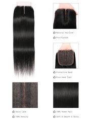 Straight Hair 4 Bundles with T Part Lace Closure Middle Part Closure,Natural Black 100% Virgin Hair