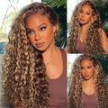 Sunflower Color Petaluxe Honey Blonde Highlighted 13x4 Transparent Lace Front Water Wave Wig