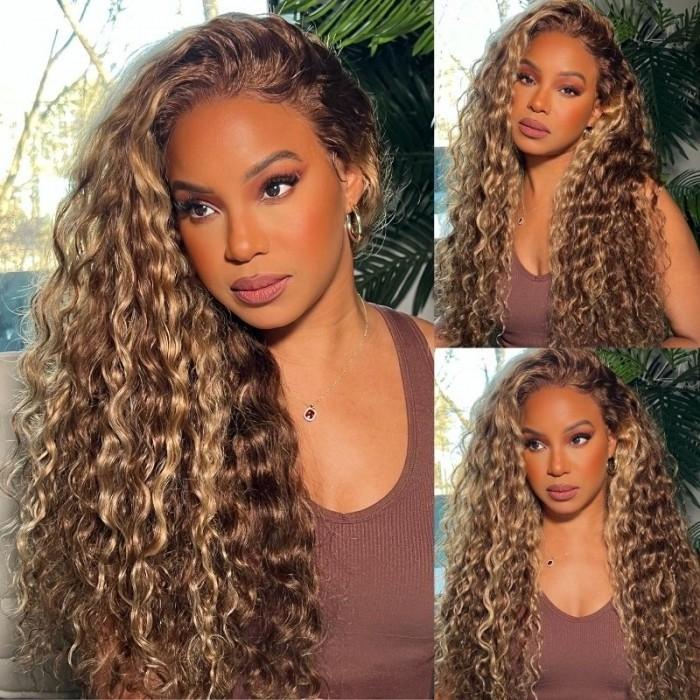 Sunflower Color Petaluxe Honey Blonde Highlighted 13x4 Transparent Lace Front Water Wave Wig