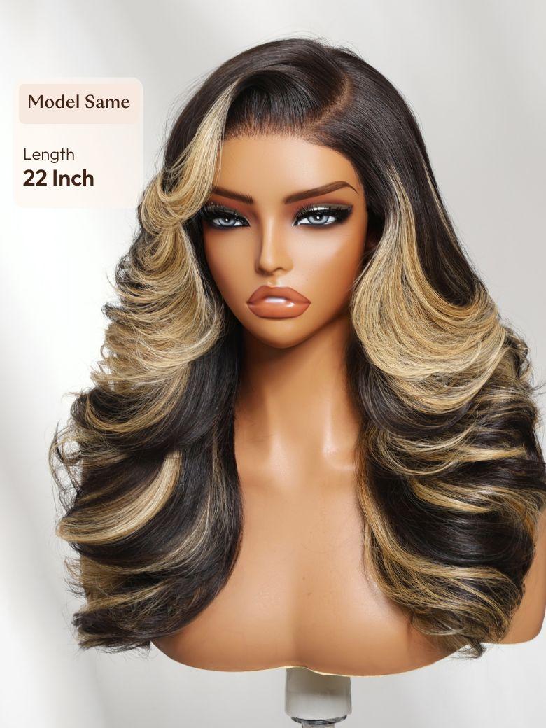 [Price Drop] Bye-Bye Knots? 7x5 Lace Ash Highlights on Black Hair Feathered Hairstyles 200% Density Wig with Side Bangs
