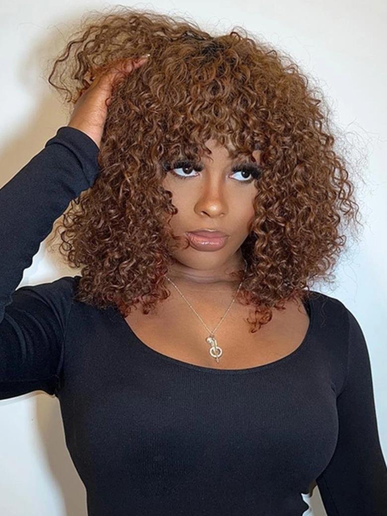 Glueless Curly Bob Brown Highlights Wig With Curtain Bangs