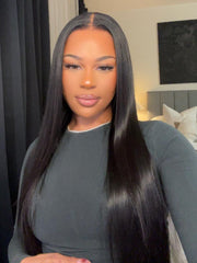 24inch 6x4.5 Lace 180% Density Put On And Go Pre Cut Lace Straight Black Wig With Breathable Cap