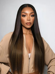 [18"=$99] EasiContour? V Part Glueless Yaki Straight Wig With Invisi Drawstring 100% Human Hair 180% Density