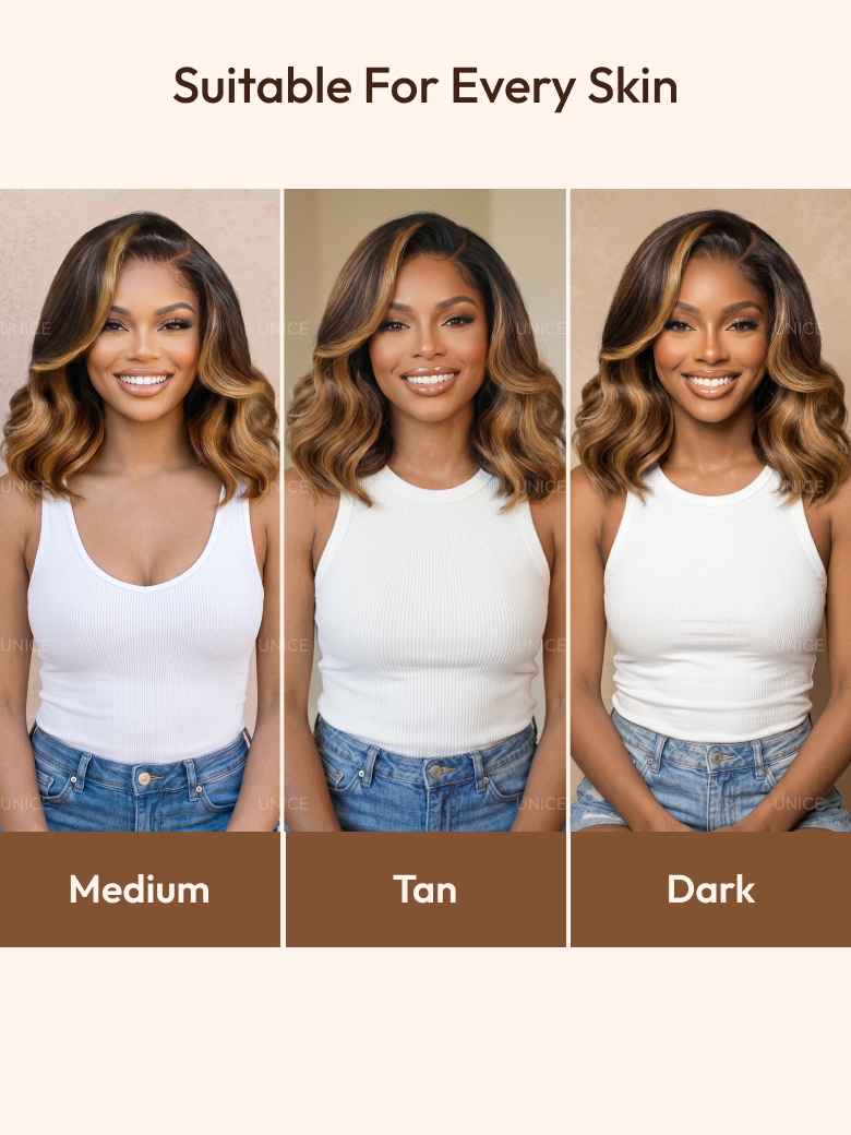 7x5 & 13x4 Pre-Everything? Lace Frontal Brown With Honey Blonde Face-Framing Highlights Wavy Bob Glueless Drawstring Wig Secure Fit