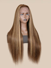 Straight Honey Blonde Highlight Lace Wigs Virgin Human Hair Wigs Pre Plucked With Baby Hair