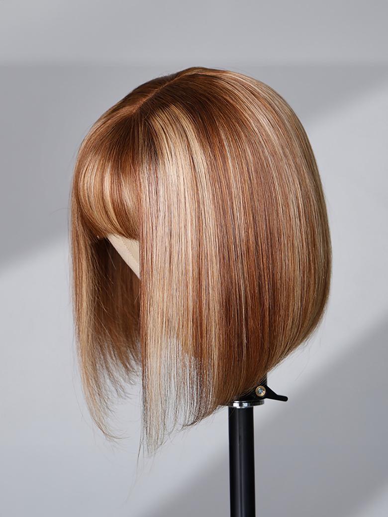 4x0.75 Lace Part Honey Blonde Highlights Straight Bob Wig With Wispy Bangs