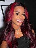 [20'=$124]Petaluxe Dark Burgundy With Rose Red Highlights 13x4 Transparent Lace Front Loose Wave Wig 150% Density