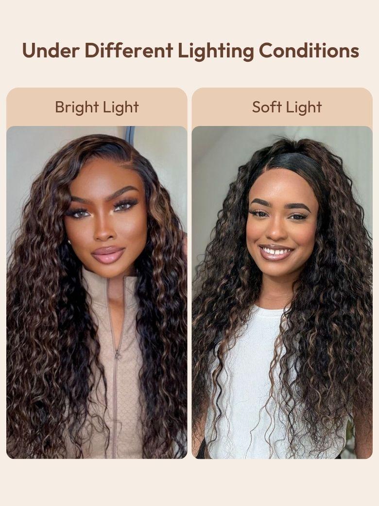 Bye-Bye Knots 7x5 Lace Water Wave Black Wig With Golden Brown Highlights & Natural Black 150% Density Perfect Beach Look for Summer