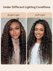 Bye-Bye Knots 7x5 Lace Water Wave Black Wig With Golden Brown Highlights & Natural Black 150% Density Perfect Beach Look for Summer