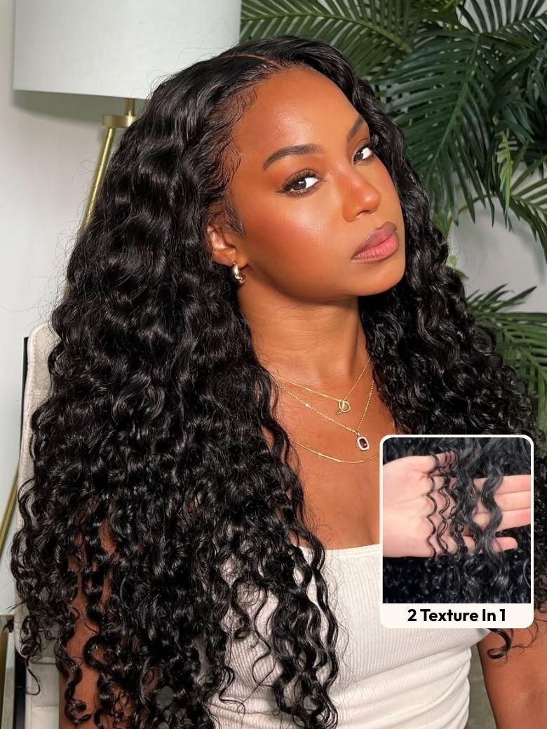 InvisiBlend? V Part Bouncy Water Wave Curly Seamless Blending Wig With Drawstring 150% Density Protect Your Natural Hair