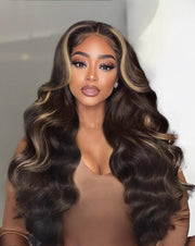 Bye-Bye Knots 7x5 Lace Chocolate Brown Hair With Highlights Loose Wave Wig With Face Framing Layers