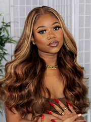 4x4 Lace Closure Honey Blonde Highlights Body Wave Wig