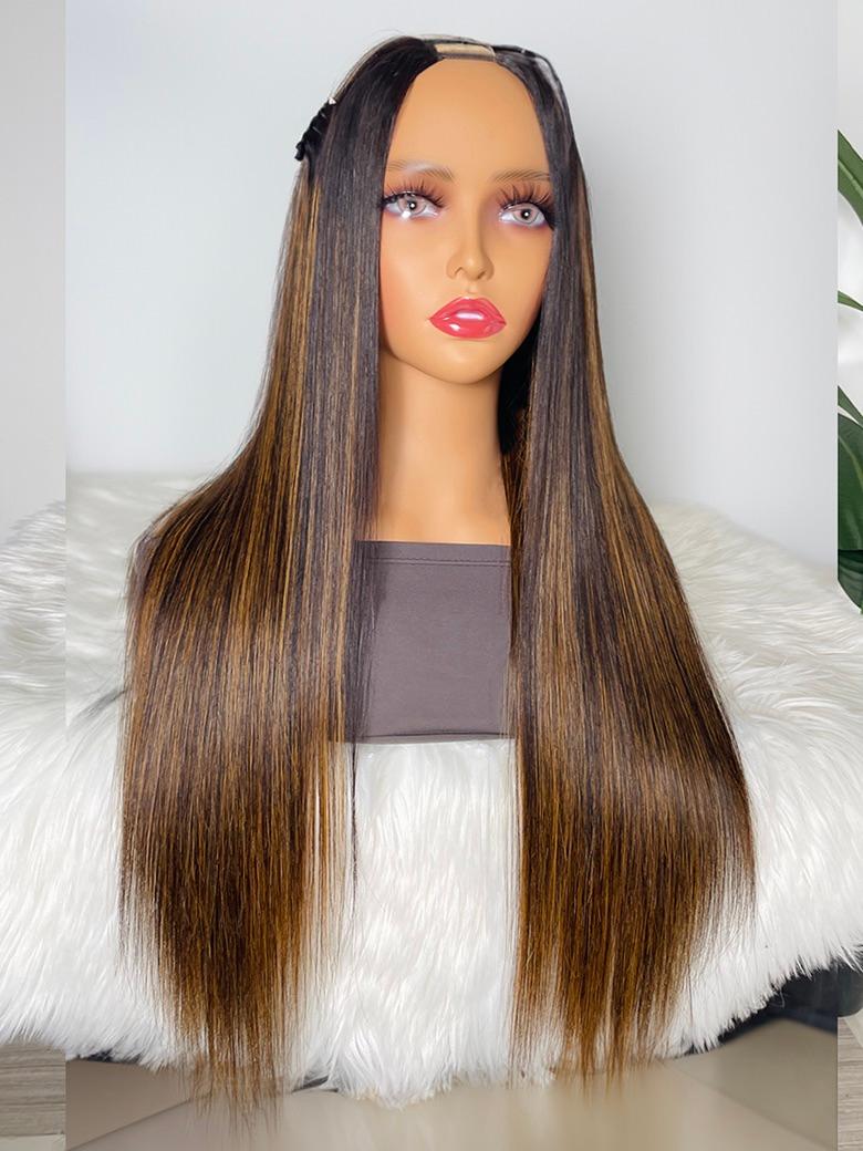 Glueless U Part Straight Wig For Beginners With Brown Highlights
