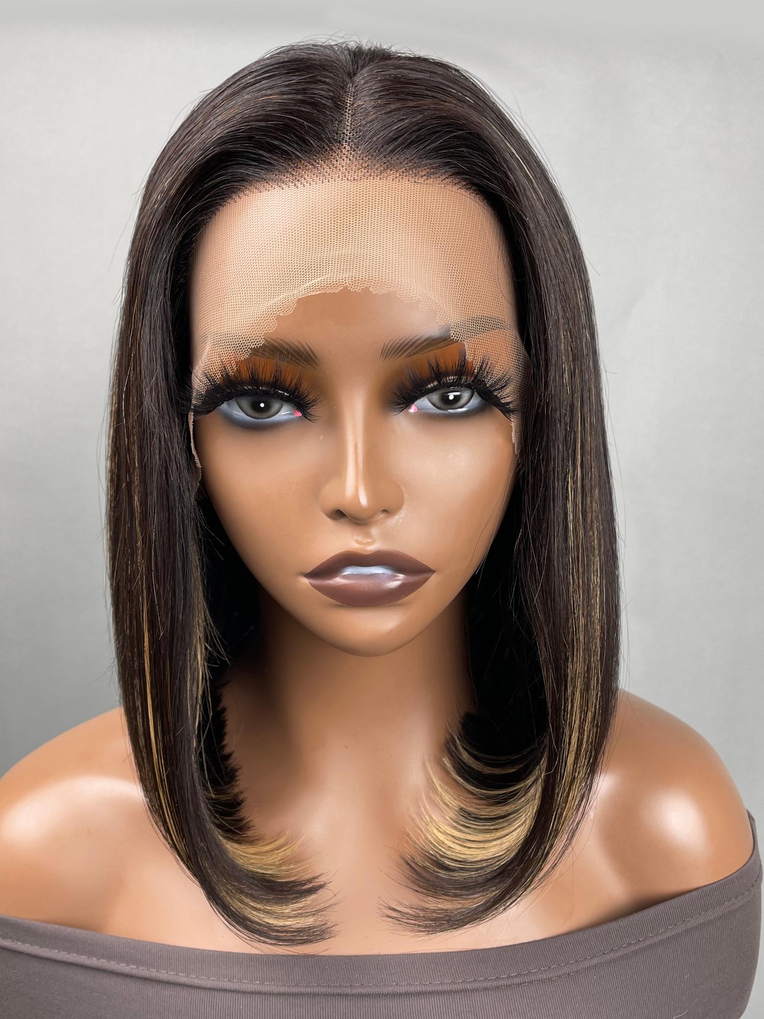 13x4 Lace Front Black Straight Bob Wig With Subtle Blonde Highlights