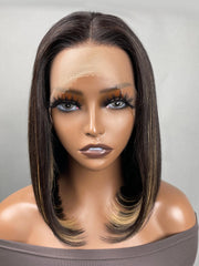 13x4 Lace Front Black Straight Bob Wig With Subtle Blonde Highlights
