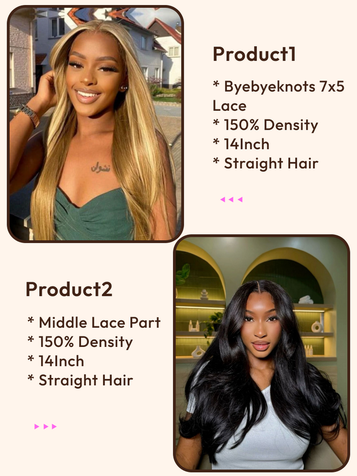 Petaluxe 2 Wigs $142 for 14" Byebye Knots 7x5 Lace Honey Blonde Straight Hair and 14" Middle Lace Part Straight Hair