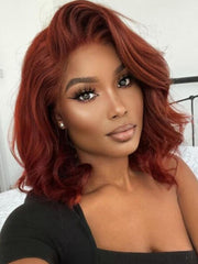 14 Inch Dark Copper Red Straight Bob Wig Lace Part Frontal Wigs