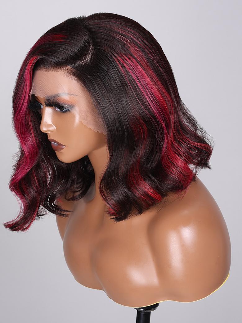 13x4 Lace Front Black With Burgundy Pink Chunky Highlights Long Bob Wig