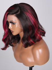 13x4 Lace Front Black With Burgundy Pink Chunky Highlights Long Bob Wig